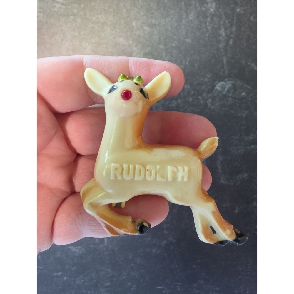 Rubicon RLM Plastic Rudolph Reindeer Pin Brooch 5th Ave New York 1940s READ Desc